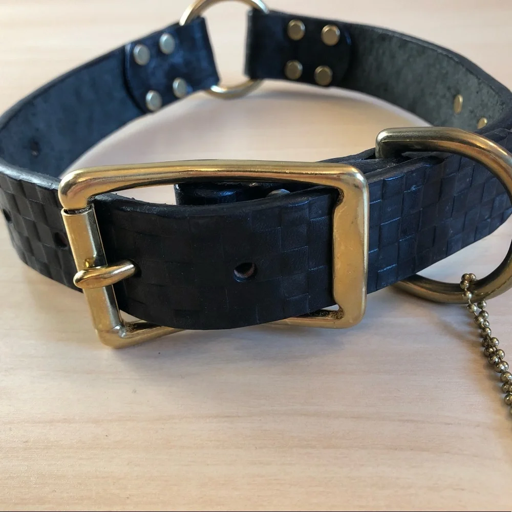 NWT Mackenzie-Childs Embossed Real Bridle Leather Blk Dog Collar (Size:Large)